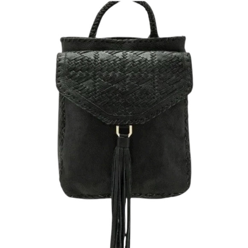 CLEOBELLA Black Leather Woven Fringe Backback
